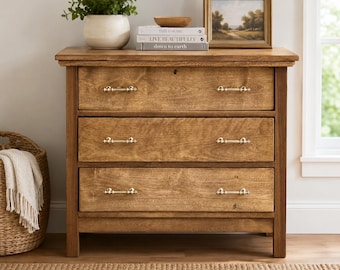 Vintage Oak 3 Drawer Dresser | Bedside Chest | Entryway Cabinet | Small Wood Storage Cabinet