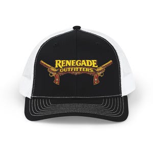 May include: Black and white trucker hat with the text "RENEGADE OUTFITTERS" in gold lettering. The hat features a black front panel with a design of two crossed pistols in gold and red. The mesh back is white.