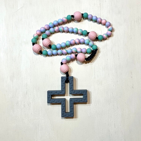 Silicone Rosary Teether: Grey cross with tie dye beads