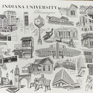 May include: A black and white illustration of Indiana University landmarks, including the Indiana Memorial Union, the Sample Gates, and the Indiana University Auditorium. The illustration also includes the text "Indiana University Bloomington".