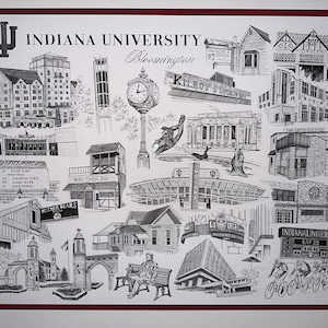 May include: A black and white illustration of various buildings and landmarks at Indiana University Bloomington. The illustration includes the Indiana University logo, the Indiana Memorial Union, the Sample Gates, and the Indiana University Auditorium.