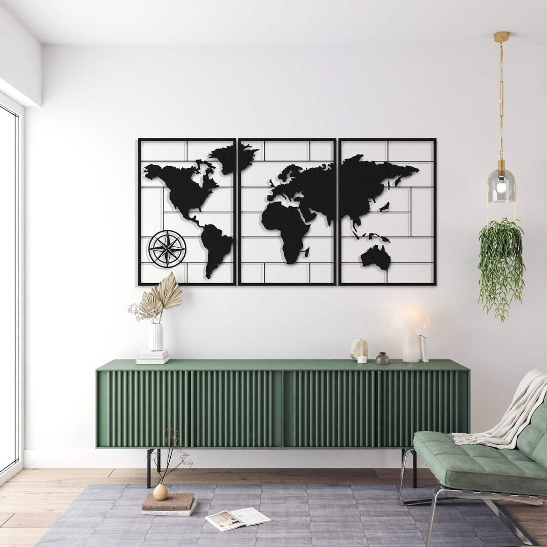 World Map Wall Art, World Map Compass Continent, Metal Wall Decor ...