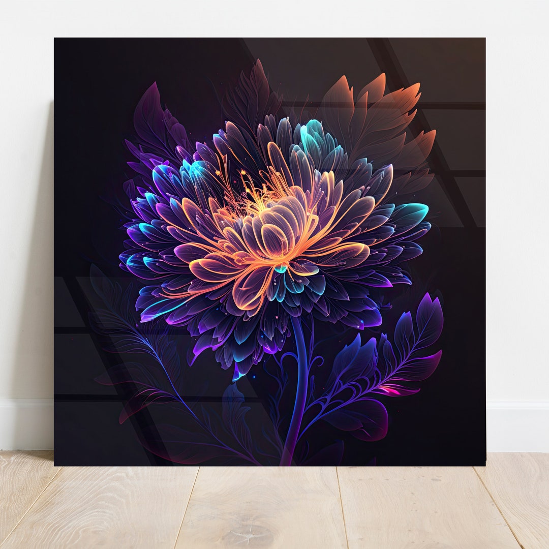 Neon Light Flower Tempered Glass Wall Art , Flower Wall Art Decor