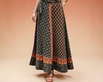Saia longa envelope em algodão estampado em duas cores, estilo jaipuri, saia maxi, saia boho.