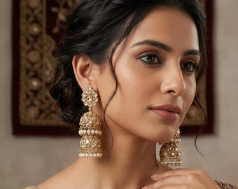 Earrings, polki beaded earrings, gold jhumkas, double jhumki, Indian bridal jewelry, Indian jewelry, Punjabi jhumkas