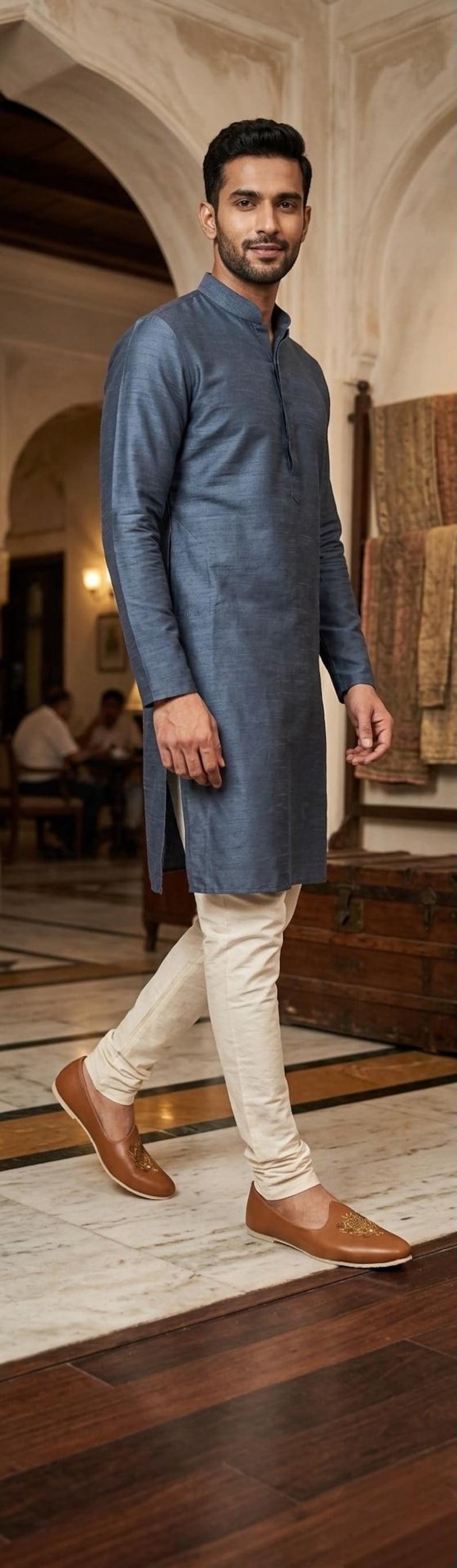 May include: A man in a long-sleeved, slate blue tunic and off-white pants. He wears brown leather loafers with gold embroidery. The outfit is a traditional style, suitable for formal or semi-formal occasions.