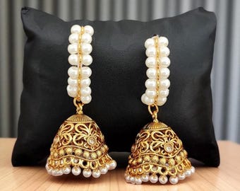Earrings, pearl earrings, pearl jhumkas, unique earrings, Bohemian earrings, Indian jewelry, pearl jhumkis
