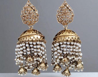 Earrings, polki pearl earrings, pearl jhumkas, unique earrings, Bohemian earrings, Indian jewelry, pearl earrings