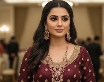 ネックレス、ゴールデンポルキネックレス、ブライダルネックレス、ロングネックレスセット、インドのジュエリー、パキスタンのジュエリー、ブライダルジュエリー、エスニックジュエリー。