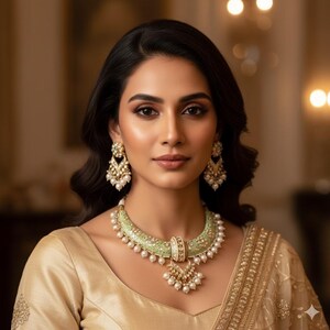 Peut inclure: Une femme porte une tenue dorée et un ensemble de bijoux assortis. Les bijoux comprennent un collier et des boucles d'oreilles avec des perles et des accents dorés. Le collier a une bande vert clair. La femme a les cheveux noirs et regarde la caméra.