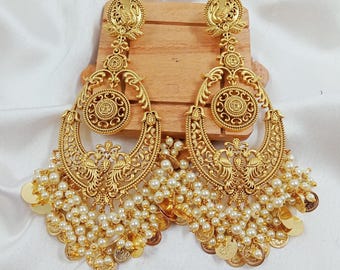 Earrings, long Jhumka, golden pearl  earring, unique earrings, Bohemian earrings, Indian jewelry, Jhumkas.