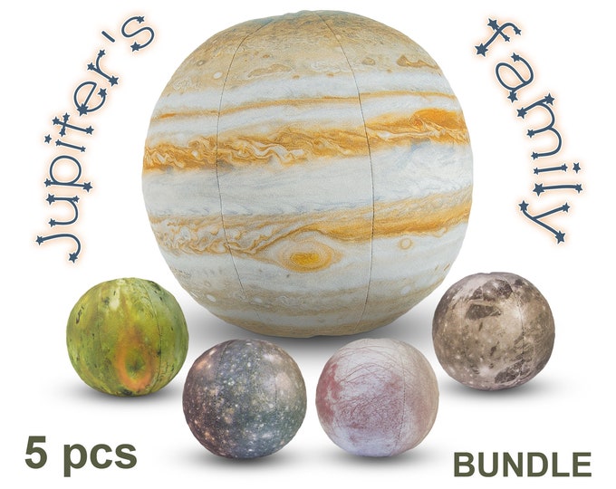 Paquete familiar de Júpiter - Juego de 5 piezas - Almohada Júpiter + Lunas Io, Calisto, Europa y Ganímedes - Juguetes educativos de peluche para niños