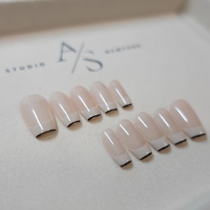 Black Line White French Handmade Reusable Press On Nails for Custom Acrylic Coffin Nails Gift for Her Cute Press On Nail