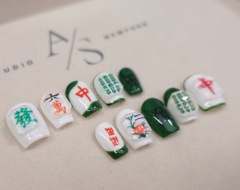 Luna New Year Mahjong Handmade Reusable Press On Nails for Custom Acrylic Coffin Nails Gift for Her Cute Press On Nail