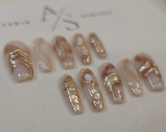 Marble Glamour Gold Handmade Reusable Press On Nails for Custom Acrylic Coffin Long Nails Gift for Her Cute Press On Nail