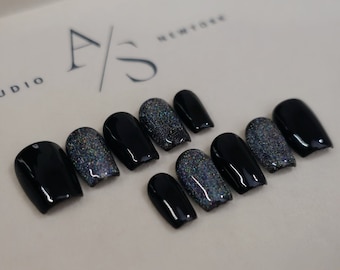 Myriads of Stars at Midnight Handmade Reusable Press On Nails for Custom Acrylic Oval Short Nails Gift for Her Cute Press On