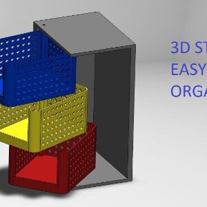 May include: 3D printable organizer container with three stacked compartments. The compartments are blue, yellow, and red. The text "3D STL FILE EASY TO PRINT ORGANISER CONTAINER" is visible in the image.