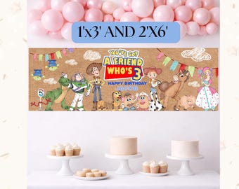 Sjabloon voor spandoek Toy Story Friend Who's Three | Bewerkbaar feestontwerp (digitale download)