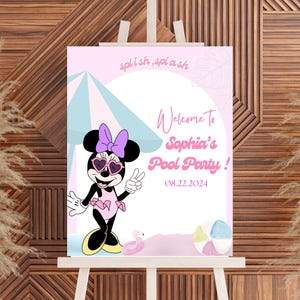May include: A pink and white sign on an easel with the text "Welcome to Sophia's Pool Party!" and the date 08.22.2024. The sign features a cartoon of Minnie Mouse wearing heart-shaped sunglasses and a swimsuit.