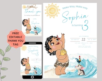 May include: A printable Moana-themed birthday invitation for a girl's 3rd birthday party. The invitation features a cartoon image of Moana, a rooster, and a pig. The text on the invitation reads "Make Way, Make way Sophia is turning 3" and includes the date, time, and location of the party.