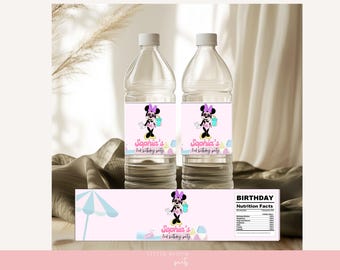 Minnie Mouse Summer Pool Birthday Water Bottle Label: Pink 2nd birthday Party (Digital)