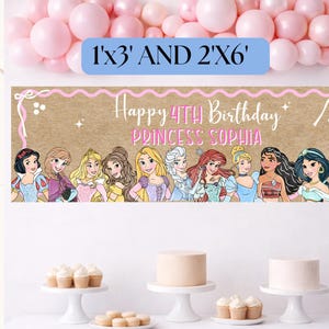 May include: A rectangular birthday banner with a brown kraft paper background featuring a pink wavy border and the text Happy 4TH Birthday PRINCESS SOPHIA. The banner displays illustrations of ten animated princesses and is available in 1'x3' and 2'x6' sizes.