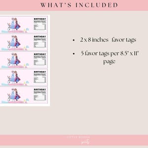 May include: Pink and blue birthday favor tags featuring a cartoon of two princesses on a beach with a parasol and a flamingo. The tags are 2 x 8 inches and come 5 per 8.5 x 11 inch page. The words "BIRTHDAY" and "Nutrition Facts" are also visible.