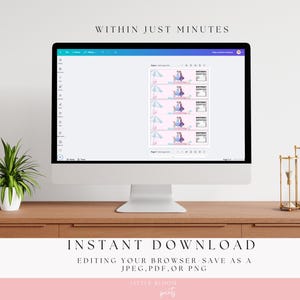 May include: A desktop computer displays a printable design with a pink and blue theme. The design features illustrations of a girl, a beach umbrella, and text that reads "Birthday". The screen is on a wooden desk with a plant and a gold hourglass. Text at the top says "WITHIN JUST MINUTES".