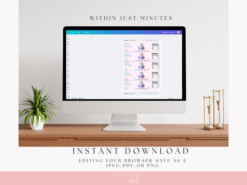May include: A desktop computer displays a printable design with a pink and blue theme. The design features illustrations of a girl, a beach umbrella, and text that reads "Birthday". The screen is on a wooden desk with a plant and a gold hourglass. Text at the top says "WITHIN JUST MINUTES".