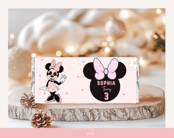 Envoltorio de chocolate de Minnie Mouse para el tercer cumpleaños / Detalle para fiestas (Descarga digital)