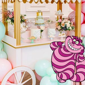 Recorte de Alice no país das maravilhas, decoração grande de Alice, tema de decoração de Alice, festa de aniversário de chá de bebê, suporte de pé, download digital, gato de Cheshire
