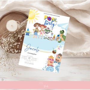 May include: A party invitation with a blue and white theme, featuring characters from the movie Toy Story. The invitation reads "Pool Party" and includes the name "Jacob" and event details. A yellow sun and blue water elements are also present.