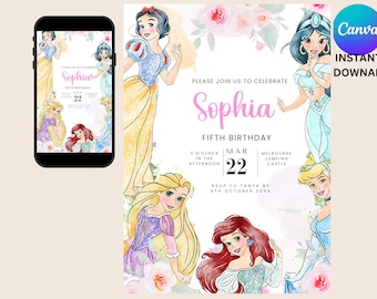 May include: A printable invitation for a fifth birthday party featuring a watercolour illustration of Disney princesses, including Snow White, Jasmine, Rapunzel, Ariel, and Cinderella. The invitation is decorated with pink and white flowers and has the text "Please join us to celebrate Sophia Fifth Birthday" and "Mar 22".