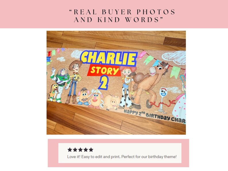 K&ouml;nnte beinhalten: Ein farbenfrohes Banner mit Figuren aus dem Film "Toy Story". Auf dem Banner steht "Charlie Story 2" und "Happy 2nd Birthday Char". Das Design umfasst Zeichentrickfiguren und bunte Wimpelketten, ideal f&uuml;r eine Geburtstagsfeier.