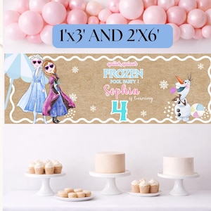 K&ouml;nnte beinhalten: Ein Banner mit dem Text "1'x3' AND 2'X6'". Das Banner zeigt Illustrationen von Charakteren aus dem Film Frozen, den Text "FROZEN POOL PARTY! Sophia wird 4" und Schneeflocken. Rosa Ballons befinden sich oben.