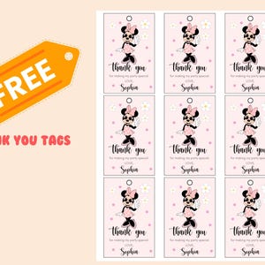 May include: Nine pink and white thank you tags featuring a cartoon Minnie Mouse wearing a pink dress and a pink bow. The text on the tags reads "Thank you for making my party special. Love, Sophia."