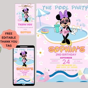 May include: A pink and blue pool party invitation featuring a cartoon Minnie Mouse wearing sunglasses and a swimsuit. The text reads "The Pool Party" and "Sophia's 2nd Birthday".