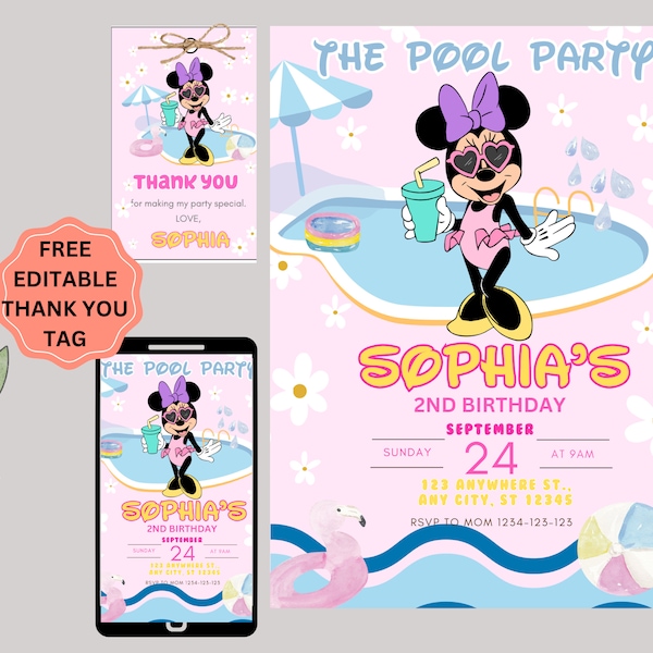 Minnie Mouse Pool Party Invitation: Editable Canva Template (5x7) (Digital Download)