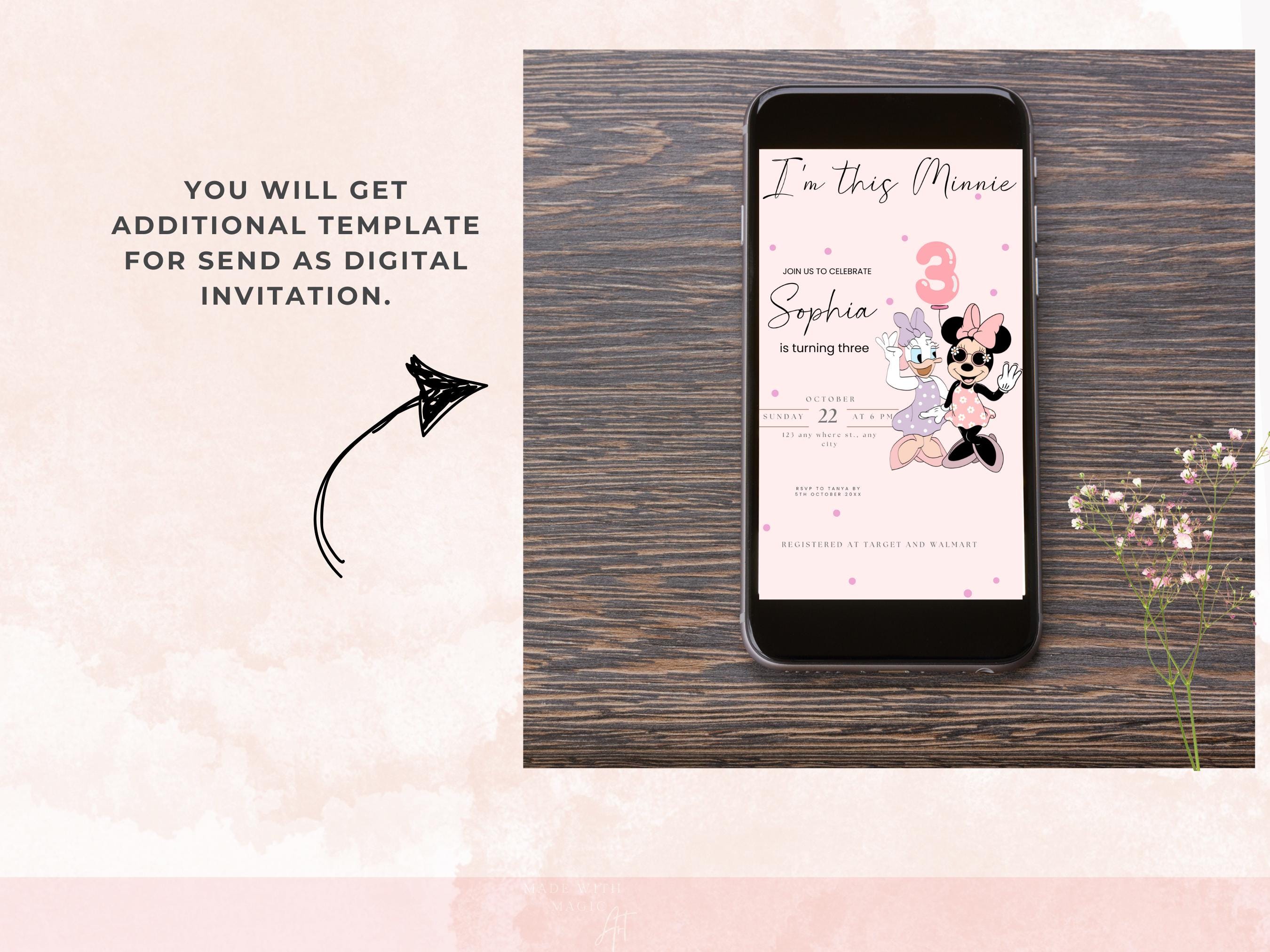Minnie Mouse Third Birthday Invitation Daisy, Boho Theme (editable