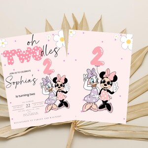 May include: Pink birthday invitations with Minnie and Daisy Duck illustrations. The invitations say "oh TWOdles" and "Sophia's is turning two." The design includes a pink number 2 balloon, daisies, and polka dots. The date and time are also included.