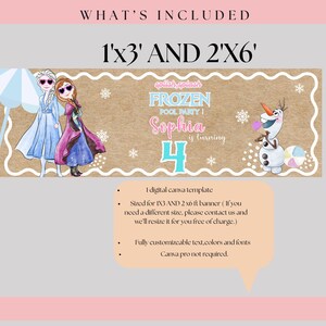 K&ouml;nnte beinhalten: Banner mit dem Text "FROZEN POOL PARTY!" mit Illustrationen von Elsa, Anna und Olaf. Das Banner hat die Gr&ouml;&szlig;e 1'x3' und 2'x6'. Das Banner ist f&uuml;r Sophias 4. Geburtstag. Das Banner ist eine digitale Canva-Vorlage.