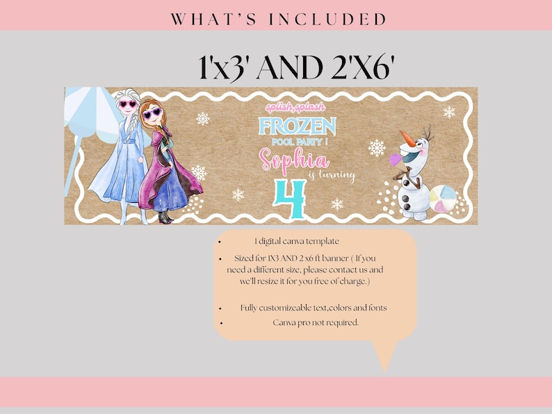 K&ouml;nnte beinhalten: Banner mit dem Text "FROZEN POOL PARTY!" mit Illustrationen von Elsa, Anna und Olaf. Das Banner hat die Gr&ouml;&szlig;e 1'x3' und 2'x6'. Das Banner ist f&uuml;r Sophias 4. Geburtstag. Das Banner ist eine digitale Canva-Vorlage.