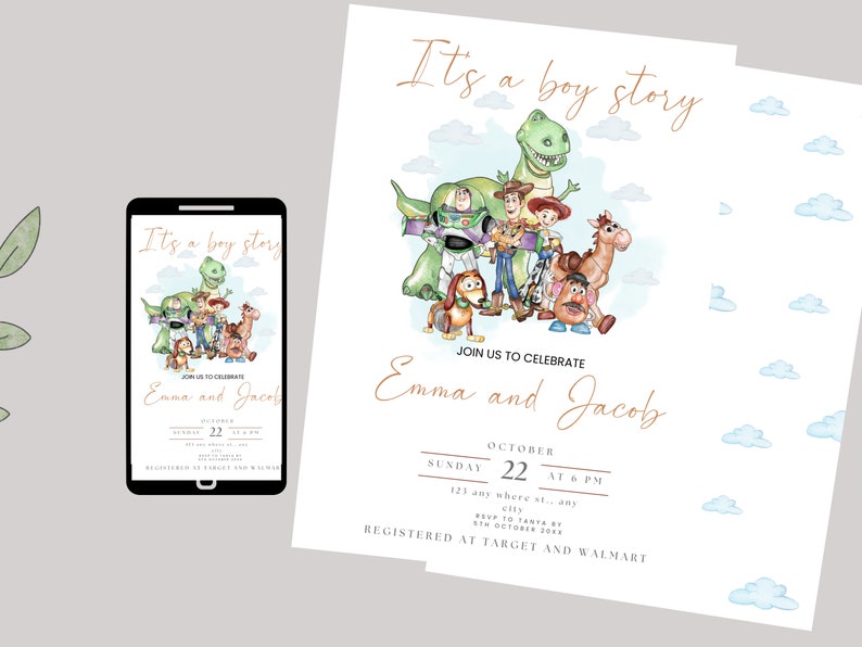 Es ist eine Boy Story Babypartyeinladung, Toy Story Digital und Printable Invite Bild 2