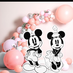 Recorte de Mickey y Minnie, accesorio de pie para fiesta de cumpleaños de Disneyland, baby shower de Mickey, decoración de fiesta de Minnie, Mickey y Minnie en blanco y negro