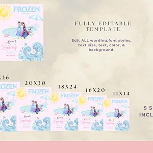 Pu&ograve; includere: Un modello di invito per una festa a tema Frozen rosa con un sole, una piscina e dei personaggi. Il testo include "Benvenuta Sophia" e la data. Sono incluse cinque dimensioni: 24x36, 20x30, 18x24, 16x20 e 11x14 pollici (61x91, 51x76, 46x61, 41x51, 28x36 cm).