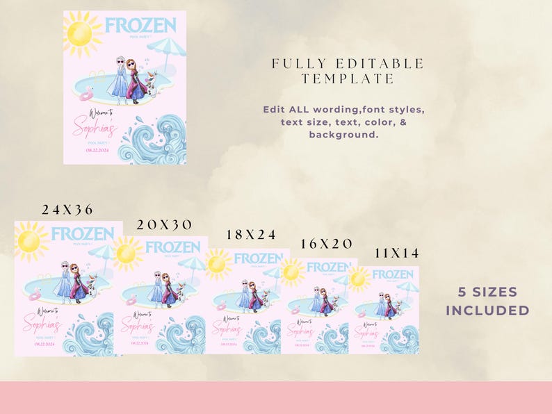 Pu&ograve; includere: Un modello di invito per una festa a tema Frozen rosa con un sole, una piscina e dei personaggi. Il testo include "Benvenuta Sophia" e la data. Sono incluse cinque dimensioni: 24x36, 20x30, 18x24, 16x20 e 11x14 pollici (61x91, 51x76, 46x61, 41x51, 28x36 cm).