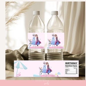 May include: Two clear plastic water bottles with custom labels featuring cartoon characters from a popular animated movie. The labels are pink and feature the text "Sophia's 2nd birthday". A matching label is below the bottles.