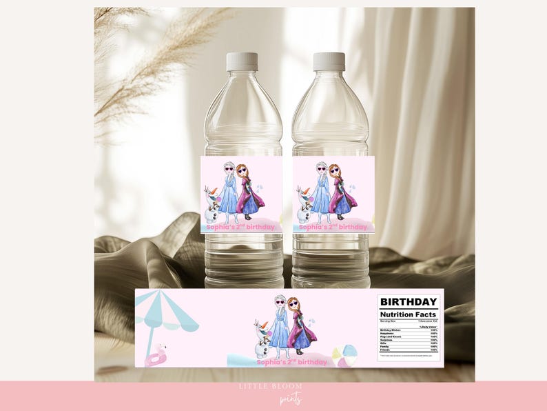 May include: Two clear plastic water bottles with custom labels featuring cartoon characters from a popular animated movie. The labels are pink and feature the text "Sophia's 2nd birthday". A matching label is below the bottles.