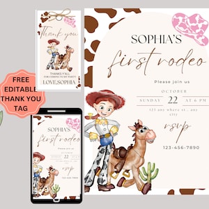 Toy Story Geburtstagseinladung, Jessie und Bullseye Einladung, Erstes Rodeo, Cowprint, Cowgirl einladen, WASSERFARBENSPIELZEUG ST