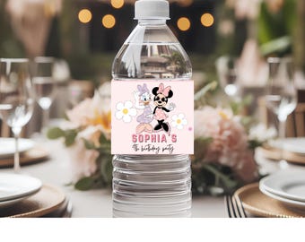 Minnie Mouse and daisy Birthday Water Bottle Label: Pink 4th birthday Party (Digital)